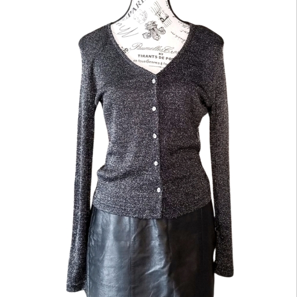 90s Black Lurex Cardigan — Minimal Goth Metallic Knit - Picture 1 of 7